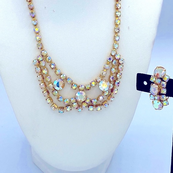 Vintage AB Rhinestones ( Golden) Necklace Set - Picture 2 of 6